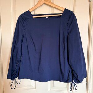 Women’s Medium H by Halston Navy Blue Top Long Sleeve Square Neck Tie Detail